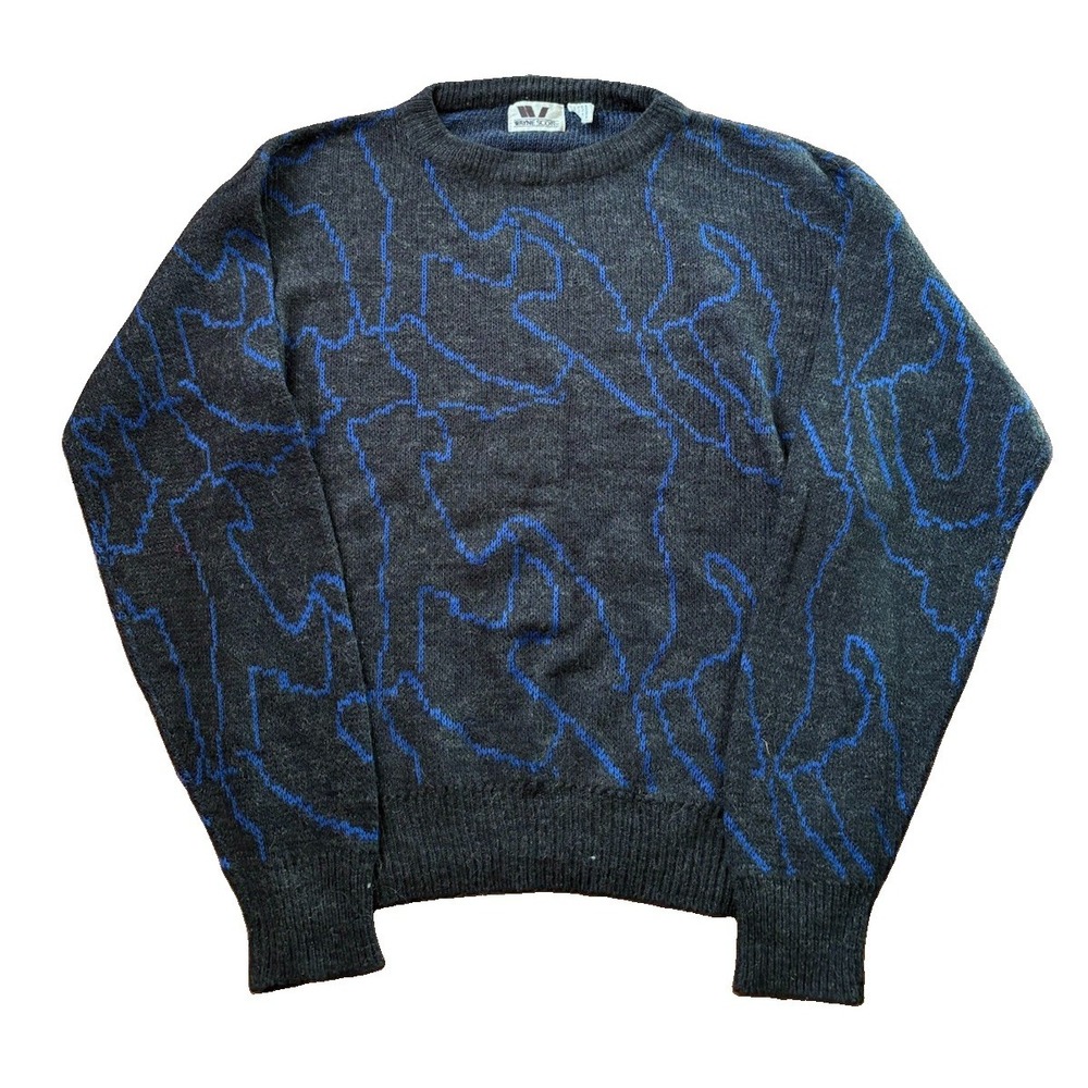 Mens Wayne Scott Hand Knit Black Blue Crew Neck Sweater Medium Abstract